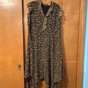 Who What Wear Black and Tan Floral Asymmetrical Ruffle Dress